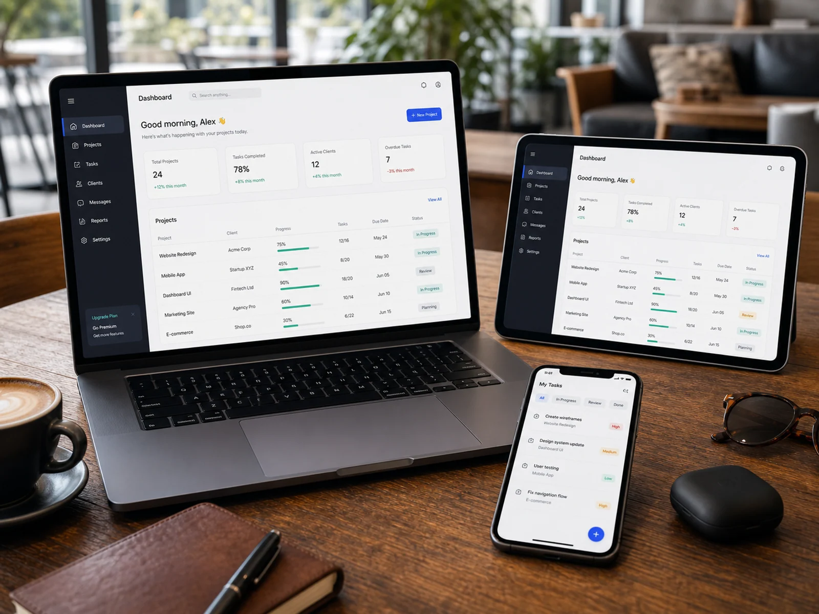 Responsive web app shown across laptop, tablet and phone with synchronized dashboard views.