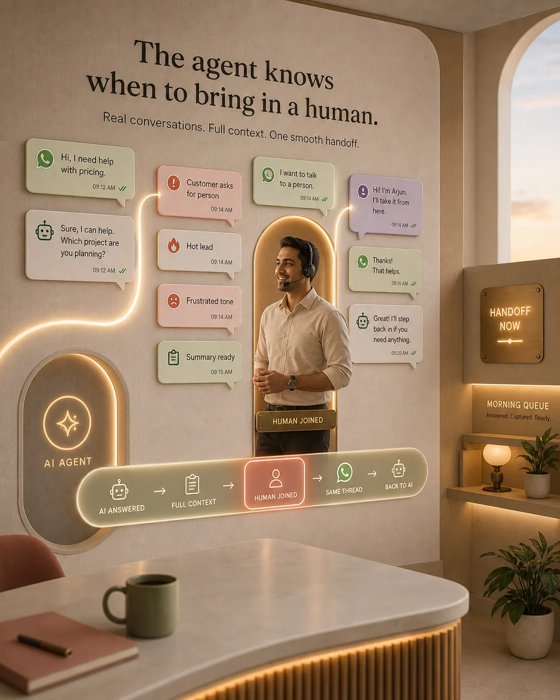 Hyper-realistic premium human handoff room with a support specialist joining a WhatsApp conversation from an AI agent, full context summary, same-thread takeover, hand-back to AI and queued morning messages.