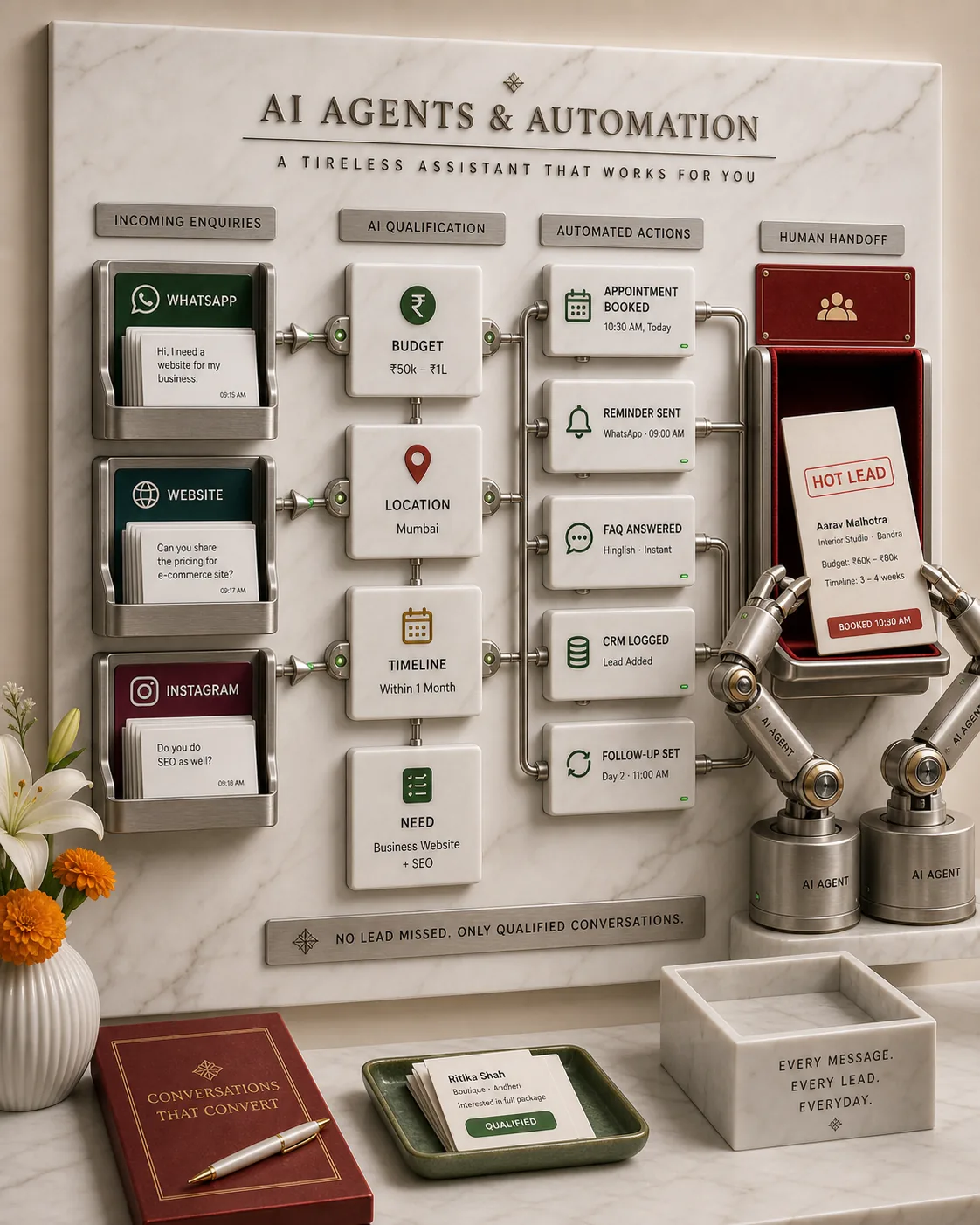 Hyper-realistic marble and brushed-silver AI lead-routing wall with WhatsApp, website and Instagram enquiries flowing through qualification, appointment booking, reminders, CRM logging and robotic AI arms placing a hot lead dossier into the ruby human handoff tray.