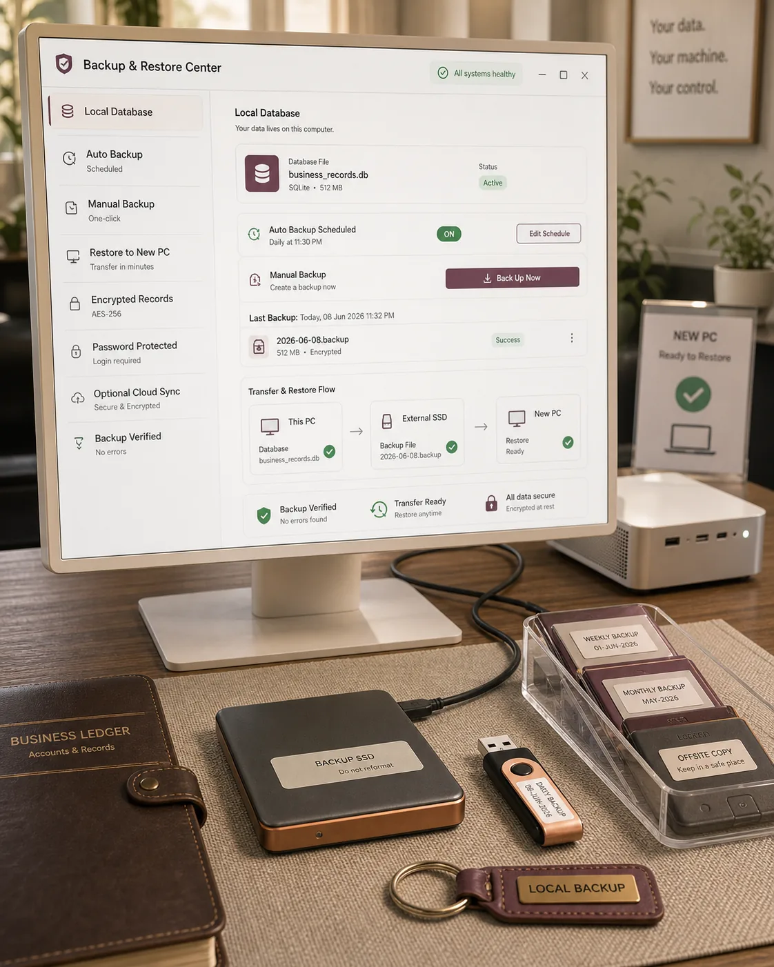 Hyper-realistic local backup workstation showing a desktop Backup and Restore Center with local database, auto backup, manual backup, restore to new PC, encrypted records, password protection, optional cloud sync, external SSD, and labelled pen drive.