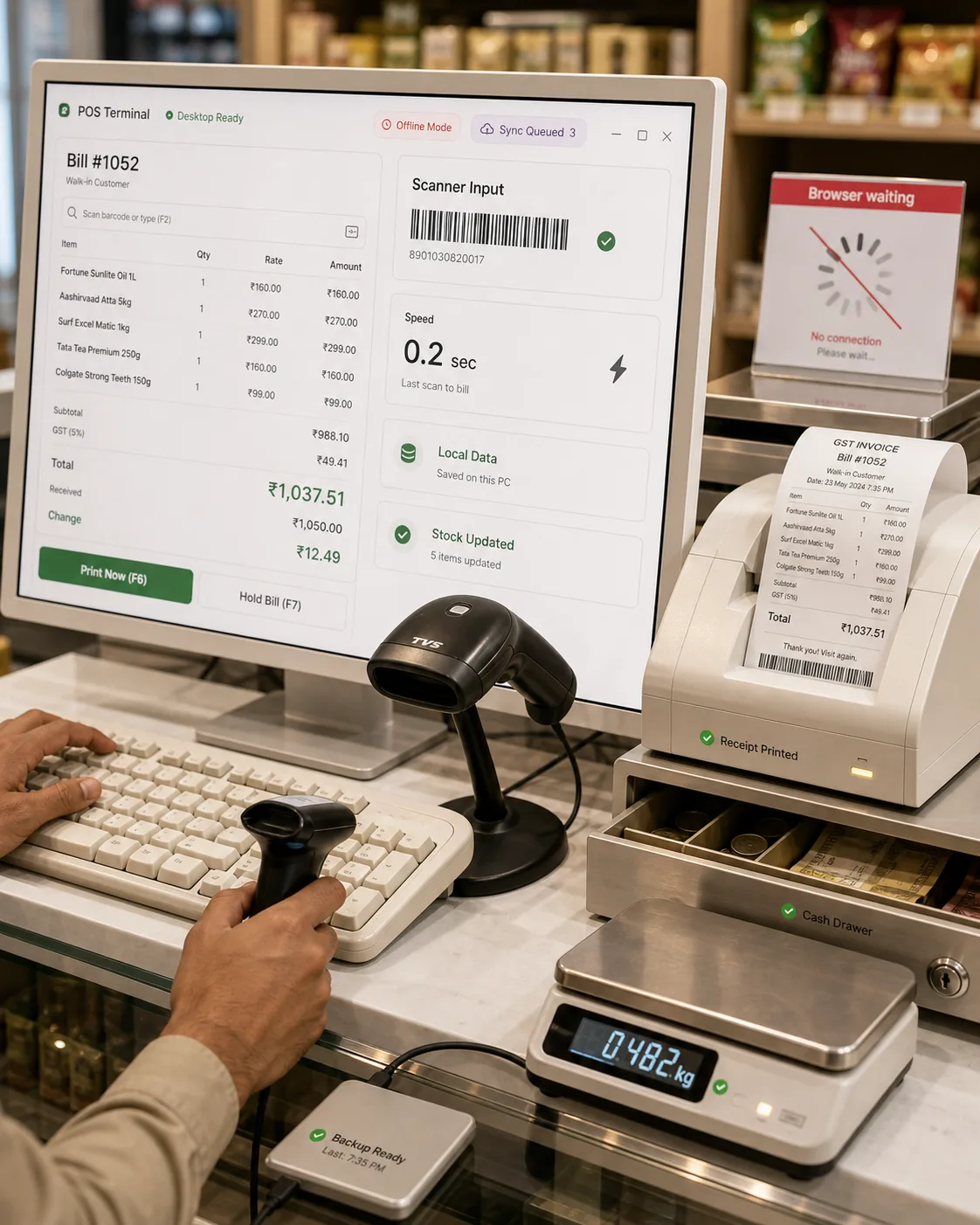 Hyper-realistic busy counter scene showing keyboard-first desktop billing, scanner input, local data, offline mode, sync queue, receipt printing, cash drawer, weighing scale, and backup ready while a browser waiting card is crossed out.