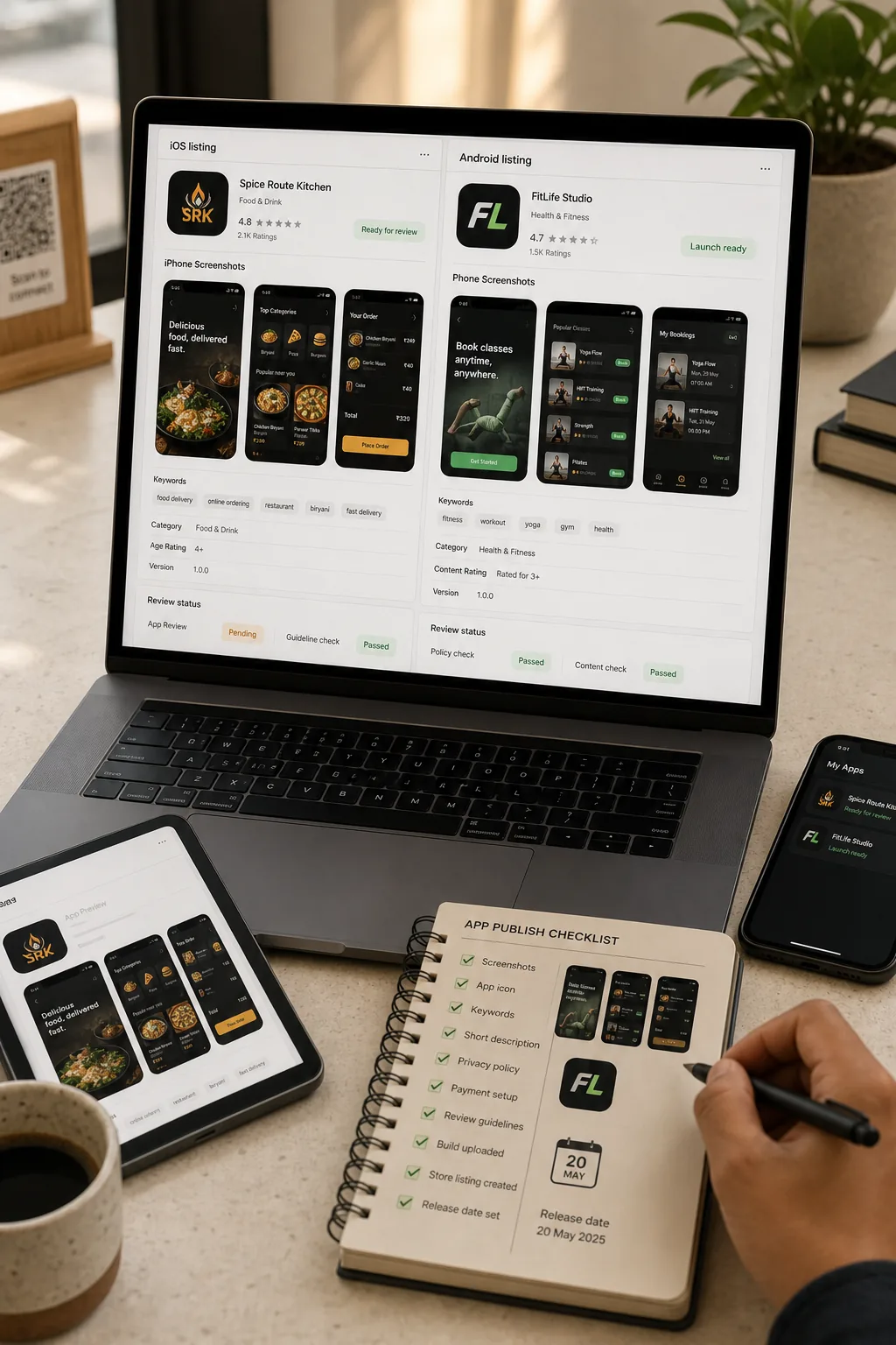 Laptop showing iOS and Android app store listing pages with screenshots, review status, and publish checklist.
