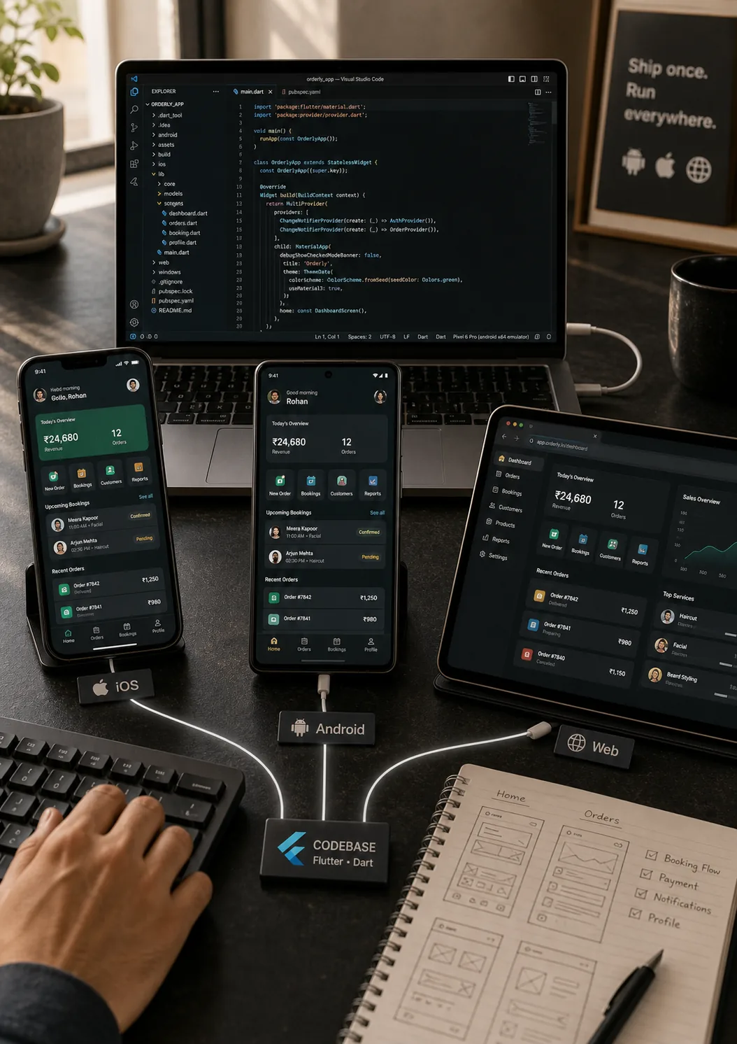 Developer desk showing one Flutter codebase powering iOS, Android, and web app screens.