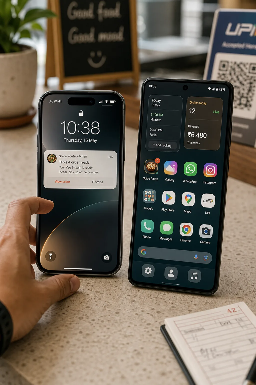 Two smartphones showing a business app push notification and a home-screen app icon with booking widgets.