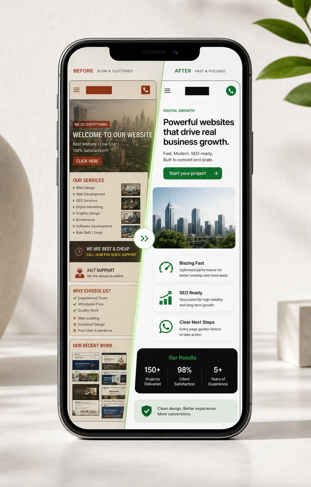 Smartphone split between a cluttered old website layout and a clean fast rebuilt mobile website layout.